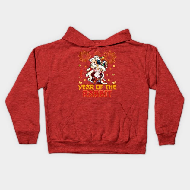 Chinese New Year Dabbing Rabbit Fireworks New Year Eve 2023 Kids Hoodie by Sandra Holloman